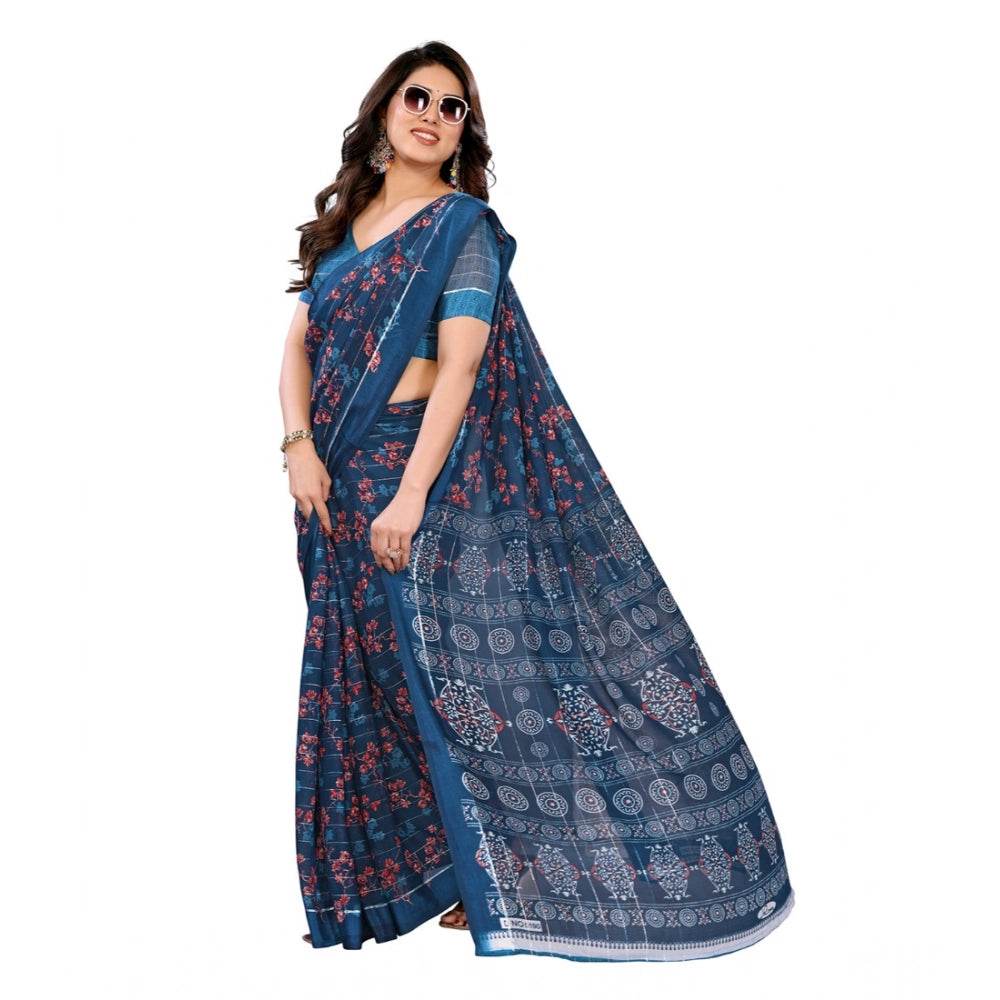Generic Women's Georgette Printed Saree With Unstitched Blouse 5.5Mtr (Blue) - MYLUXURY LANE ENTERPRISE