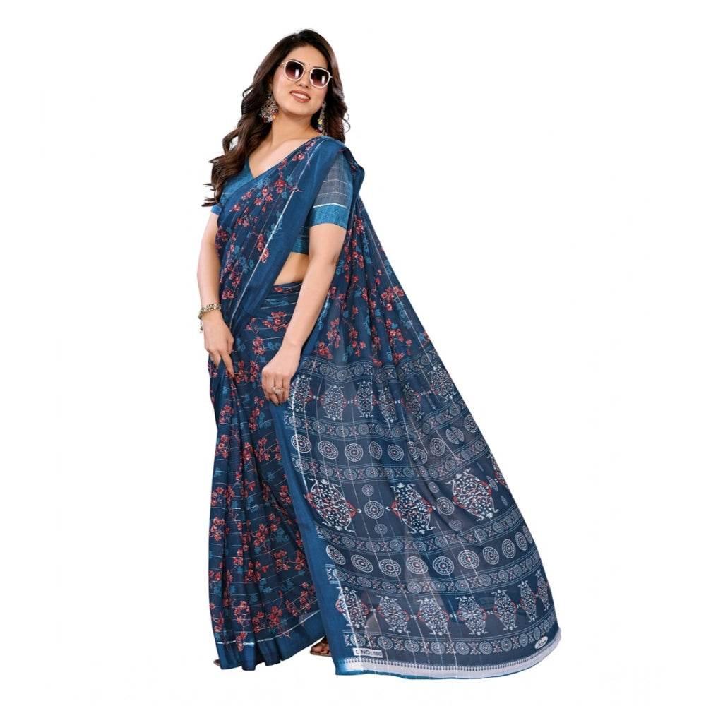 Generic Women's Georgette Printed Saree With Unstitched Blouse 5.5Mtr (Blue) - MYLUXURY LANE ENTERPRISE
