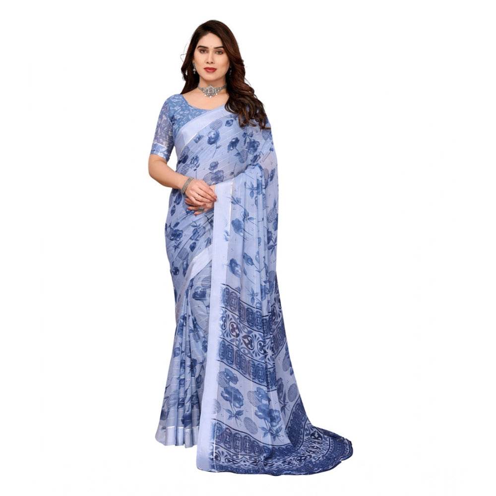 Generic Women's Georgette Printed Saree With Unstitched Blouse 5.5Mtr (Light Blue) - MYLUXURY LANE ENTERPRISE