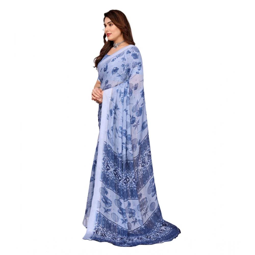 Generic Women's Georgette Printed Saree With Unstitched Blouse 5.5Mtr (Light Blue) - MYLUXURY LANE ENTERPRISE