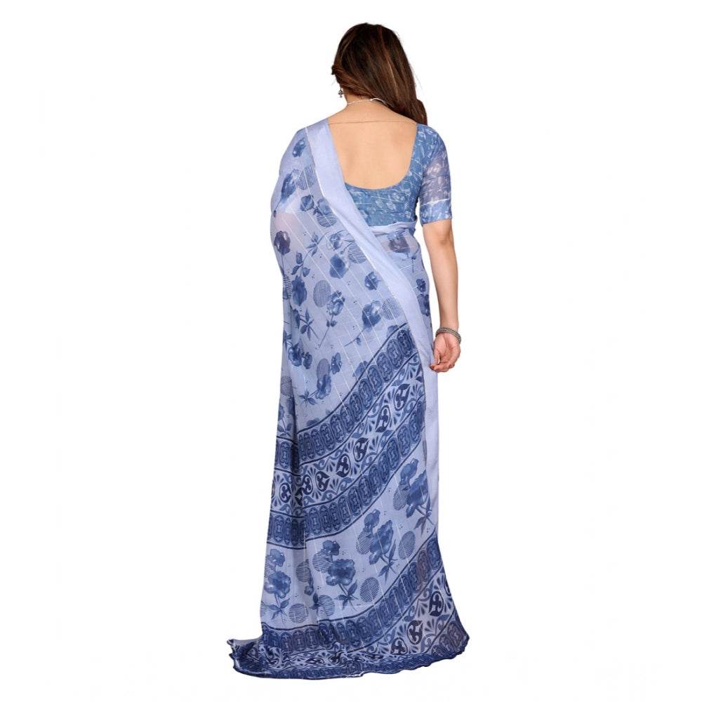 Generic Women's Georgette Printed Saree With Unstitched Blouse 5.5Mtr (Light Blue) - MYLUXURY LANE ENTERPRISE