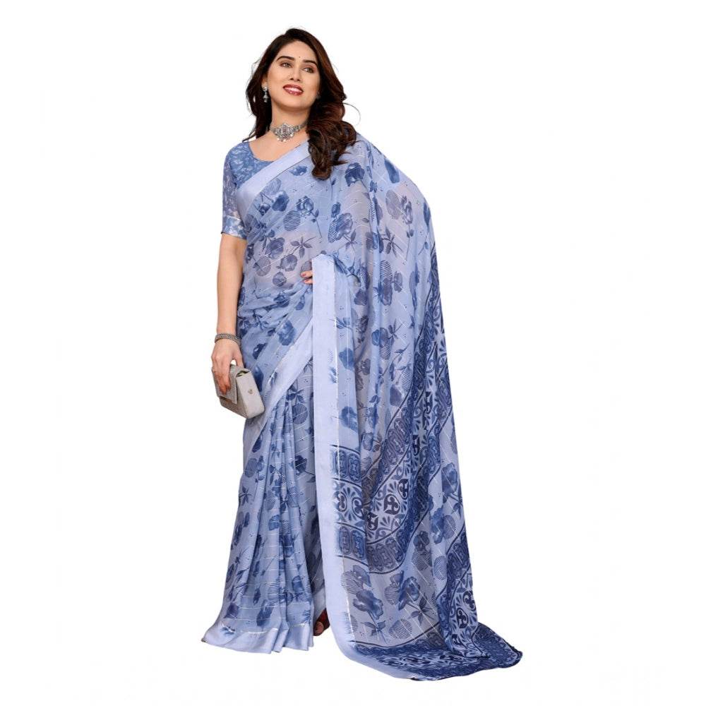 Generic Women's Georgette Printed Saree With Unstitched Blouse 5.5Mtr (Light Blue) - MYLUXURY LANE ENTERPRISE