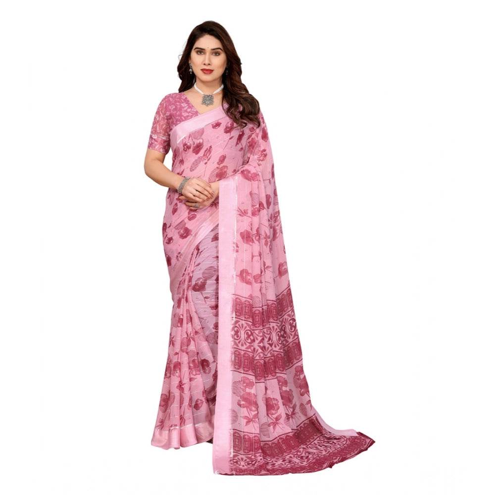 Generic Women's Georgette Printed Saree With Unstitched Blouse 5.5Mtr (Pink) - MYLUXURY LANE ENTERPRISE