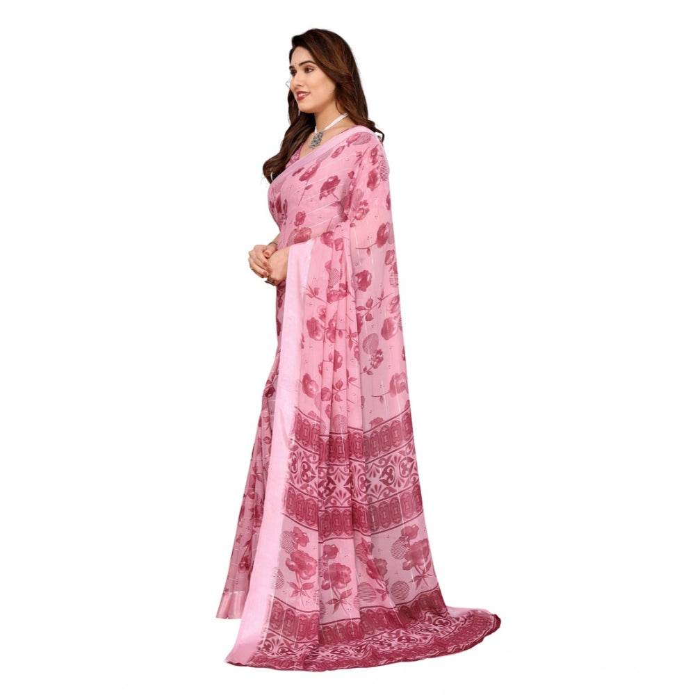 Generic Women's Georgette Printed Saree With Unstitched Blouse 5.5Mtr (Pink) - MYLUXURY LANE ENTERPRISE
