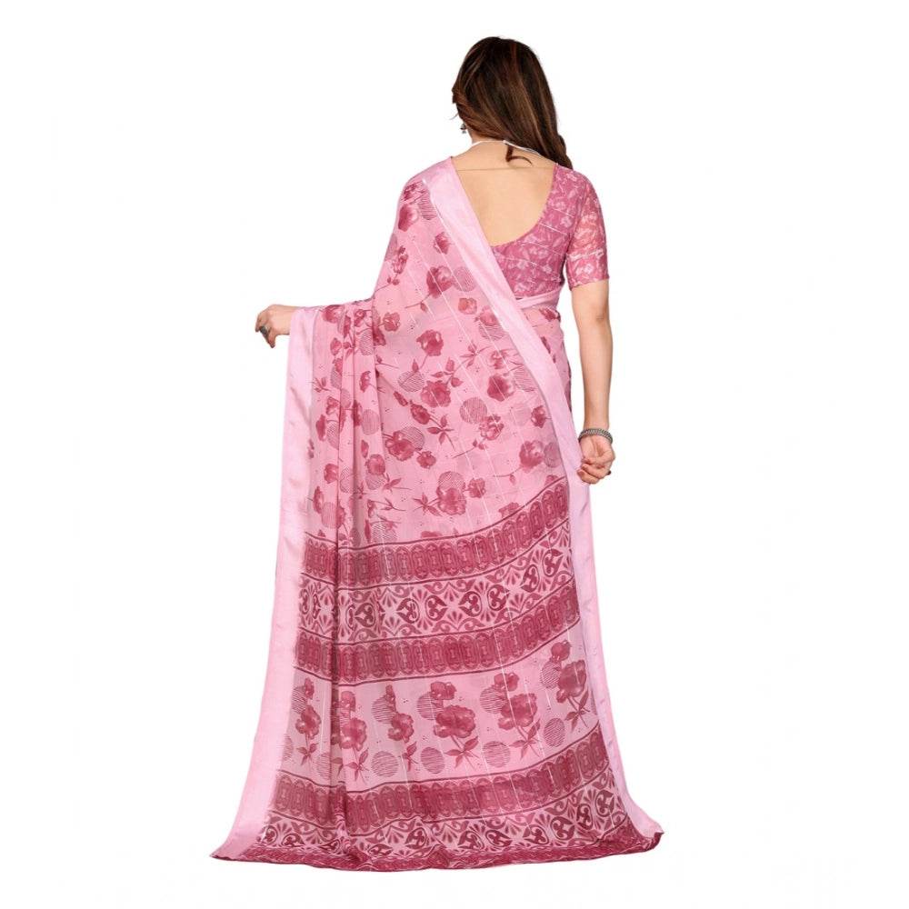 Generic Women's Georgette Printed Saree With Unstitched Blouse 5.5Mtr (Pink) - MYLUXURY LANE ENTERPRISE