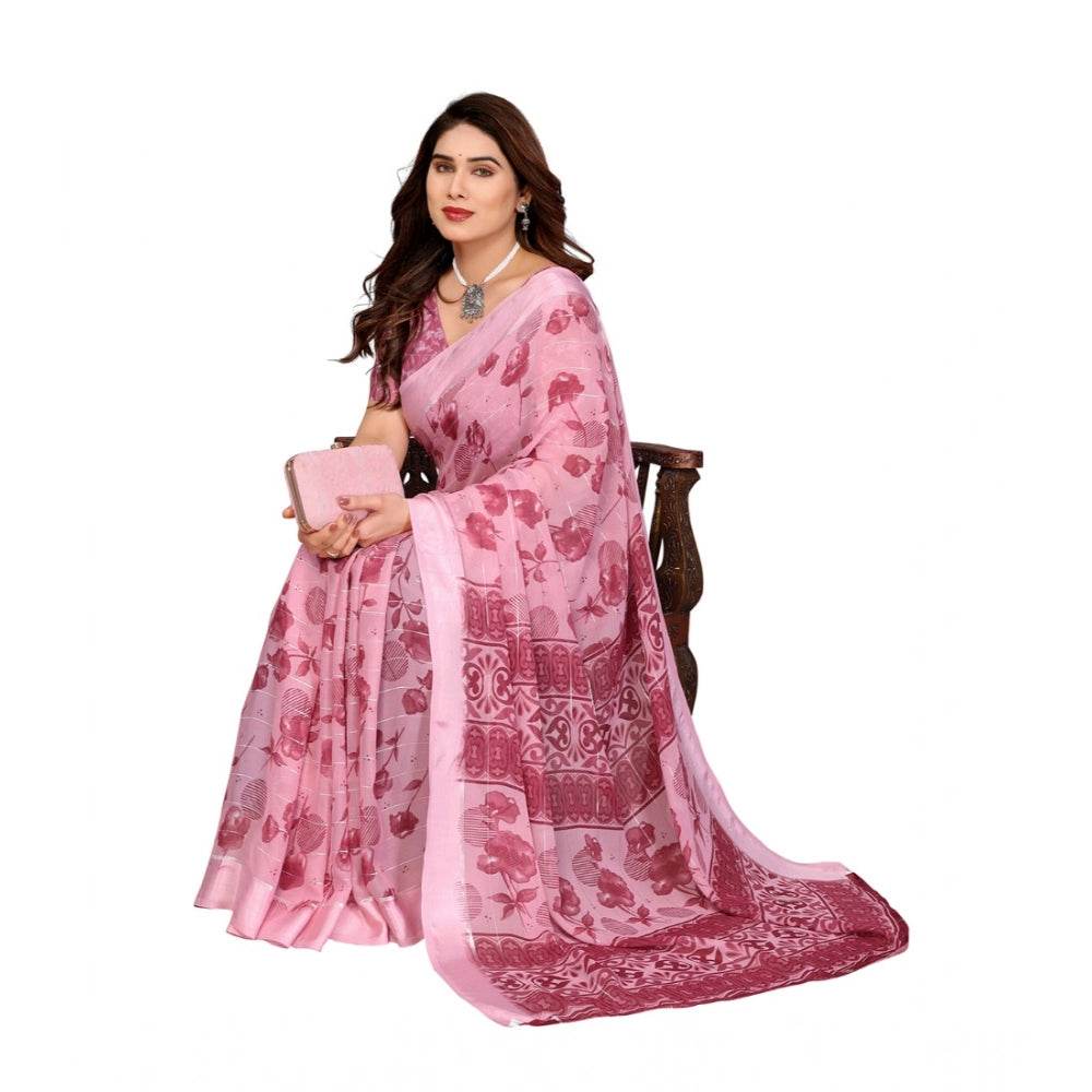 Generic Women's Georgette Printed Saree With Unstitched Blouse 5.5Mtr (Pink) - MYLUXURY LANE ENTERPRISE