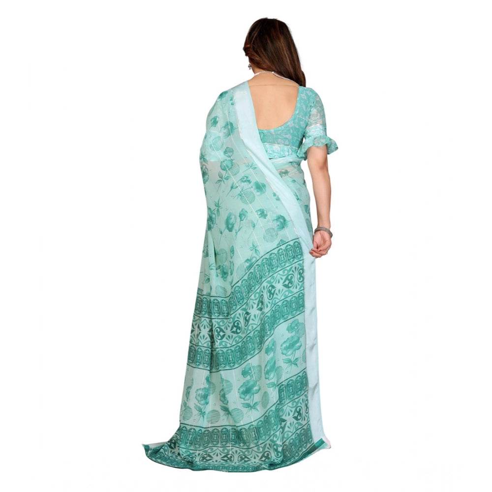 Generic Women's Georgette Printed Saree With Unstitched Blouse 5.5Mtr (Green) - MYLUXURY LANE ENTERPRISE