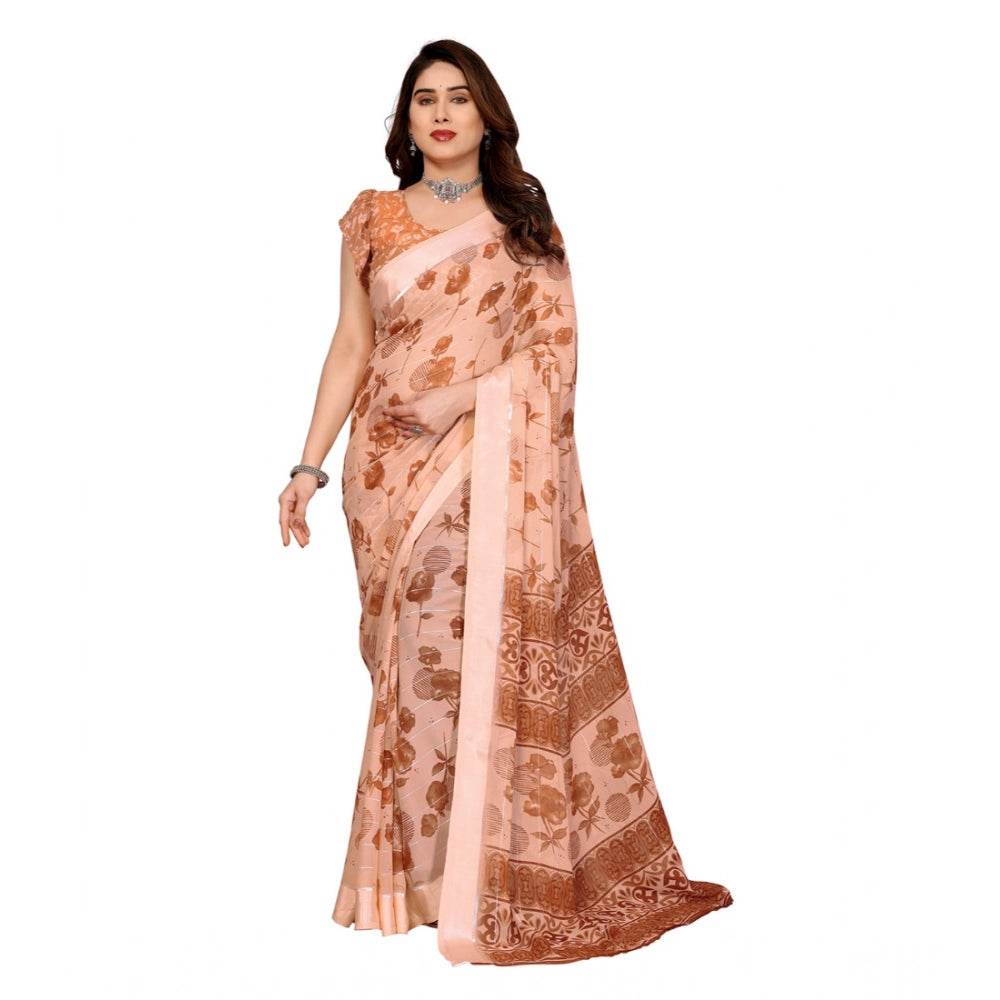 Generic Women's Georgette Printed Saree With Unstitched Blouse 5.5Mtr (Brown) - MYLUXURY LANE ENTERPRISE