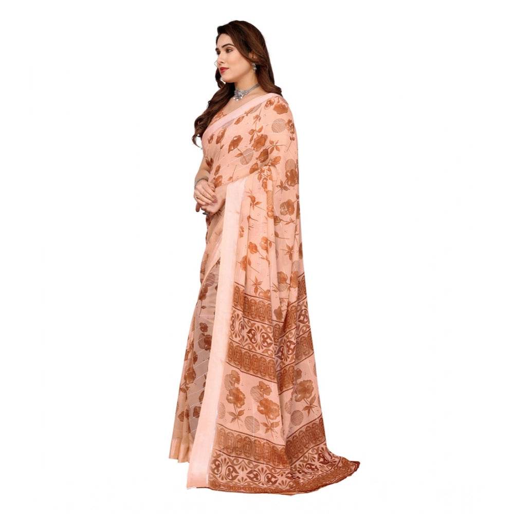 Generic Women's Georgette Printed Saree With Unstitched Blouse 5.5Mtr (Brown) - MYLUXURY LANE ENTERPRISE