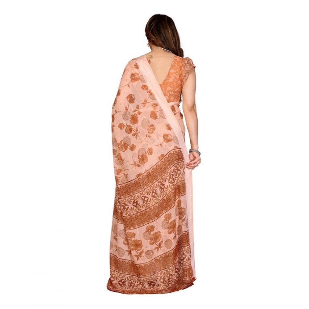 Generic Women's Georgette Printed Saree With Unstitched Blouse 5.5Mtr (Brown) - MYLUXURY LANE ENTERPRISE