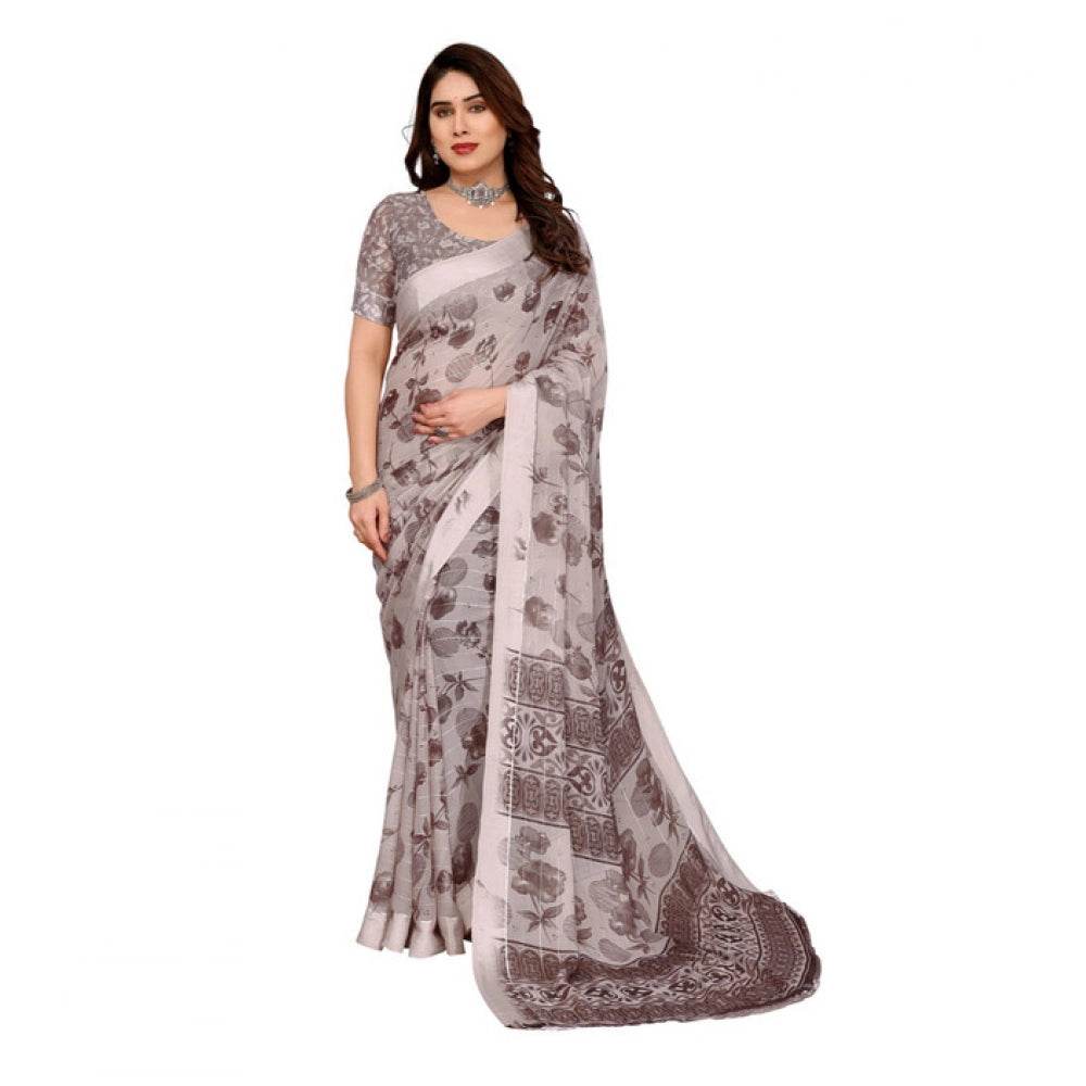 Generic Women's Georgette Printed Saree With Unstitched Blouse 5.5Mtr (Grey) - MYLUXURY LANE ENTERPRISE