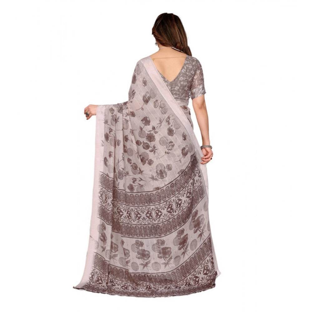 Generic Women's Georgette Printed Saree With Unstitched Blouse 5.5Mtr (Grey) - MYLUXURY LANE ENTERPRISE