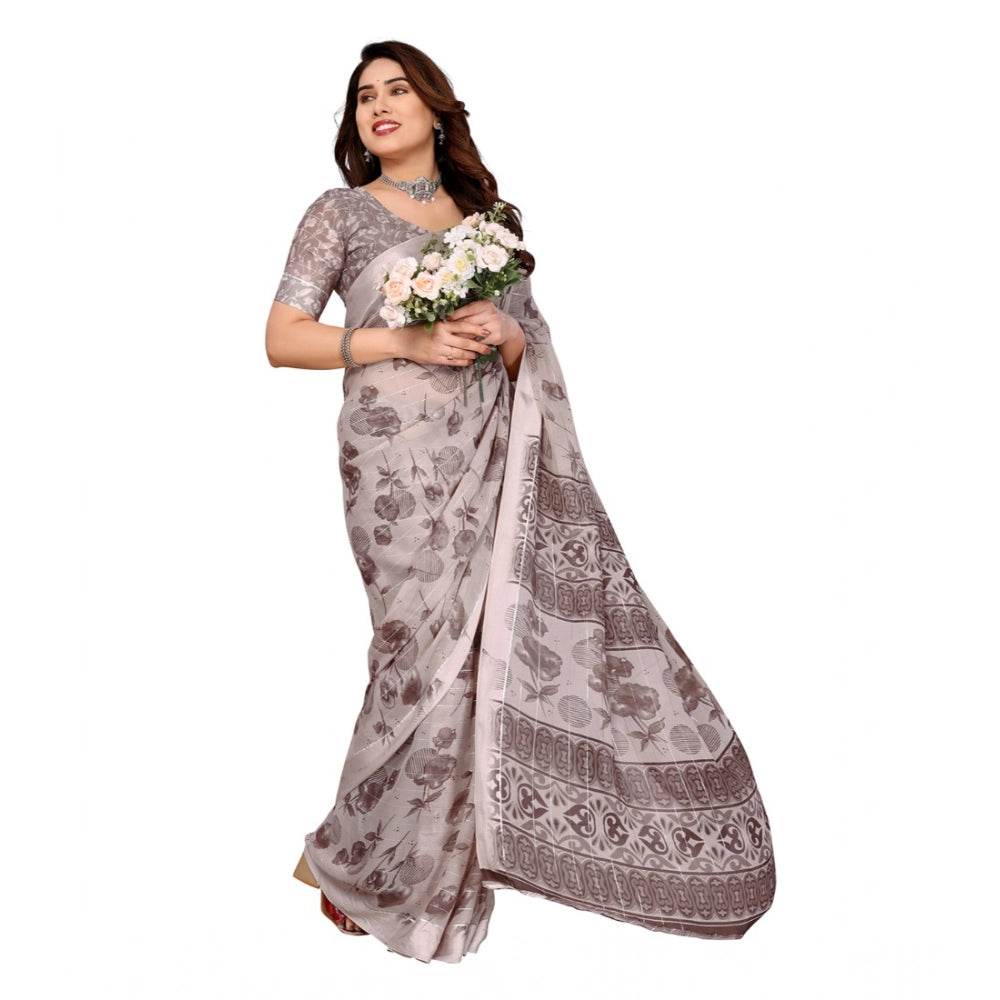 Generic Women's Georgette Printed Saree With Unstitched Blouse 5.5Mtr (Grey) - MYLUXURY LANE ENTERPRISE