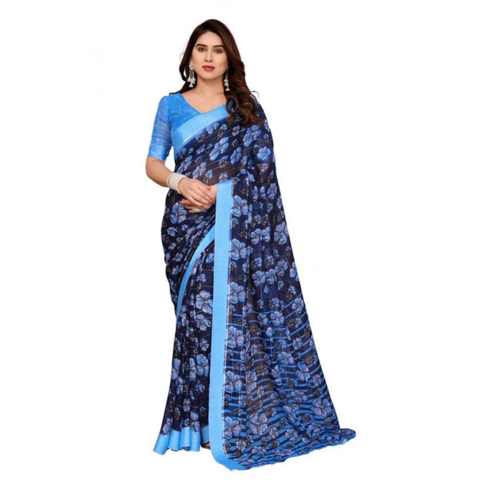 Generic Women's Georgette Printed Saree With Unstitched Blouse 5.5Mtr (Blue) - MYLUXURY LANE ENTERPRISE