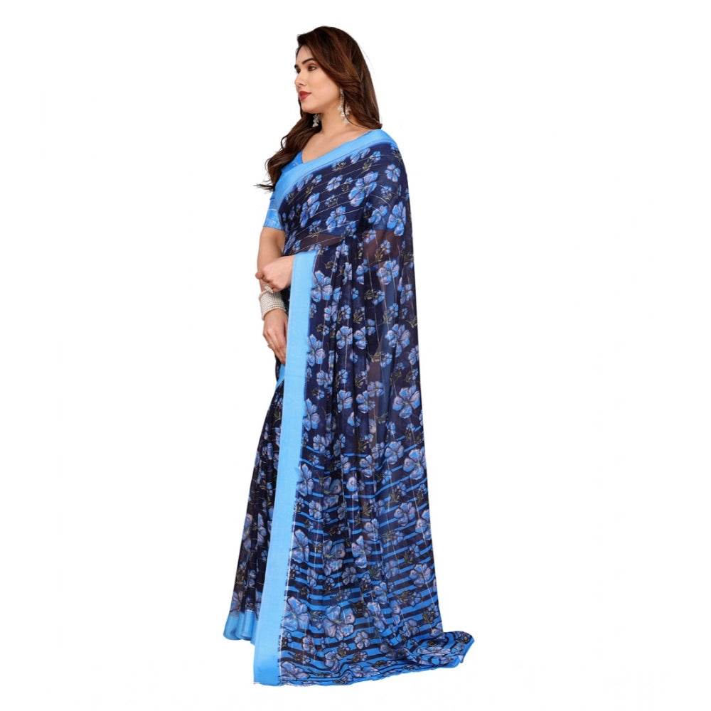 Generic Women's Georgette Printed Saree With Unstitched Blouse 5.5Mtr (Blue) - MYLUXURY LANE ENTERPRISE