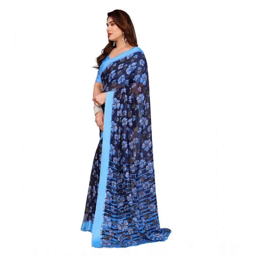 Generic Women's Georgette Printed Saree With Unstitched Blouse 5.5Mtr (Blue) - MYLUXURY LANE ENTERPRISE