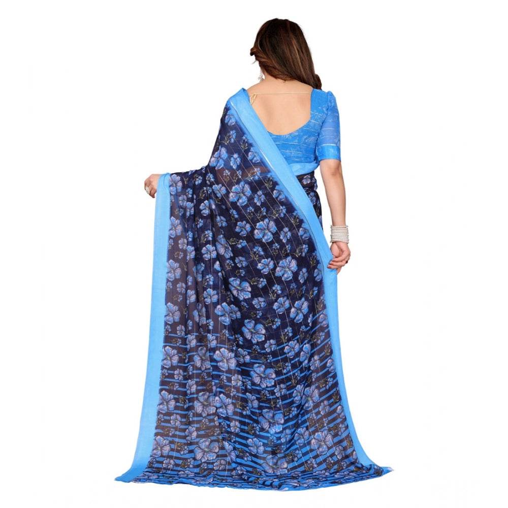 Generic Women's Georgette Printed Saree With Unstitched Blouse 5.5Mtr (Blue) - MYLUXURY LANE ENTERPRISE