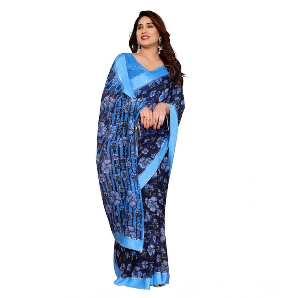 Generic Women's Georgette Printed Saree With Unstitched Blouse 5.5Mtr (Blue) - MYLUXURY LANE ENTERPRISE