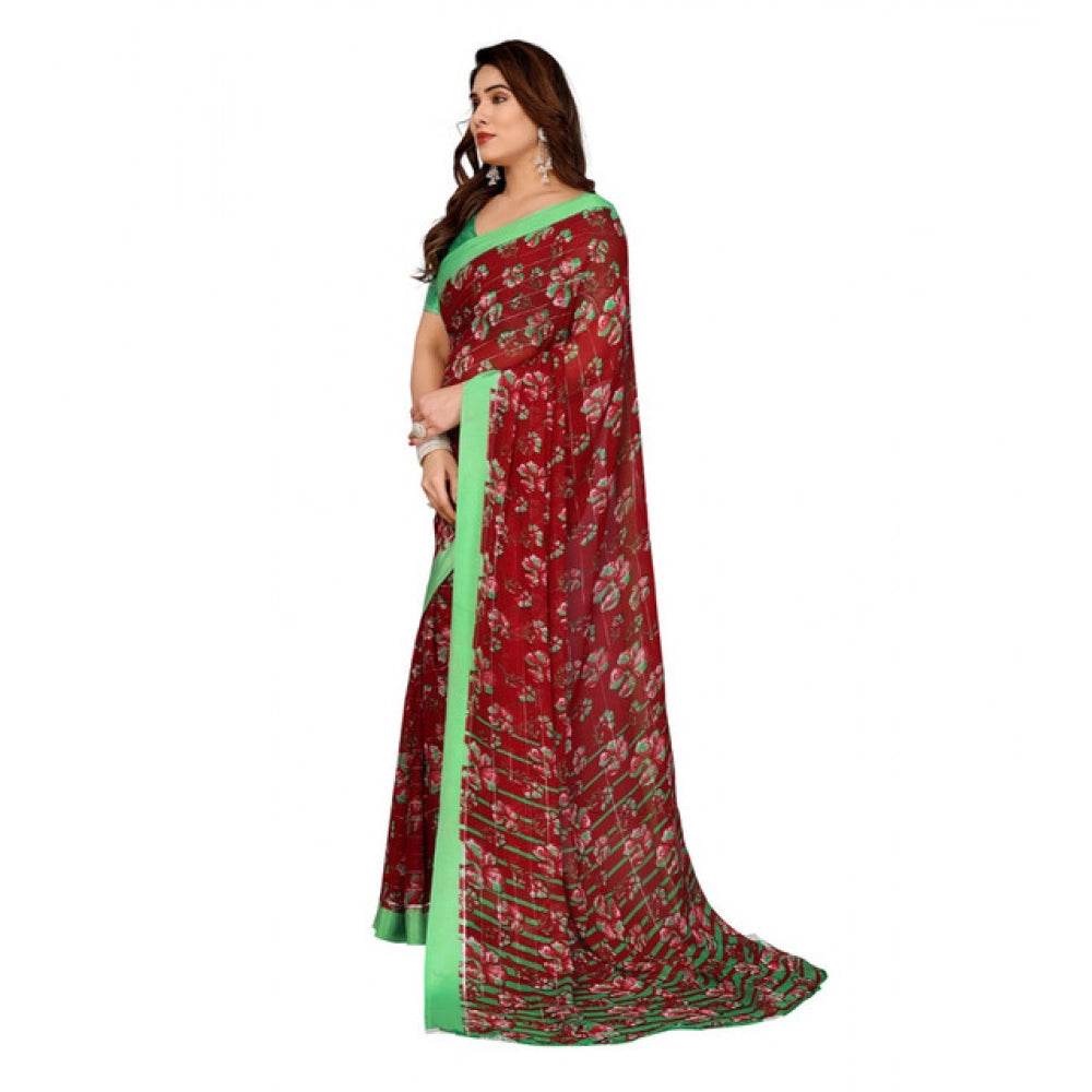 Generic Women's Georgette Printed Saree With Unstitched Blouse 5.5Mtr (Red) - MYLUXURY LANE ENTERPRISE