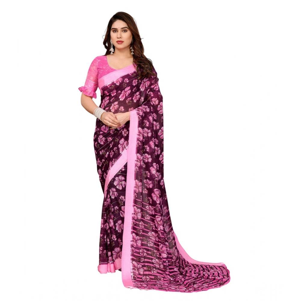 Generic Women's Georgette Printed Saree With Unstitched Blouse 5.5Mtr (Pink) - MYLUXURY LANE ENTERPRISE