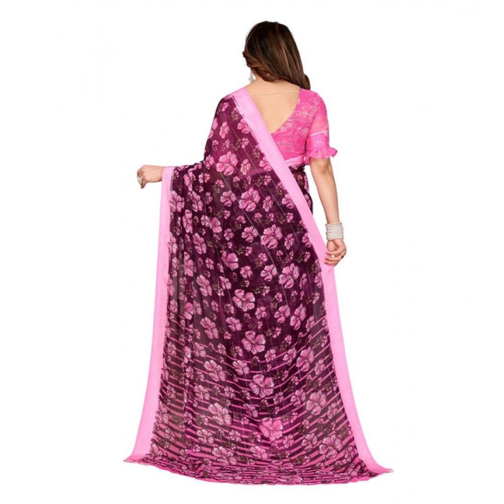 Generic Women's Georgette Printed Saree With Unstitched Blouse 5.5Mtr (Pink) - MYLUXURY LANE ENTERPRISE