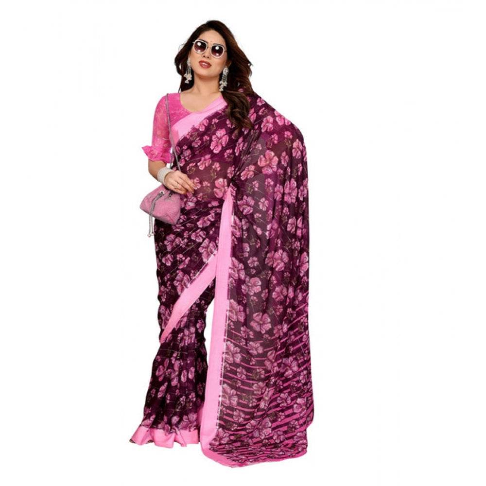 Generic Women's Georgette Printed Saree With Unstitched Blouse 5.5Mtr (Pink) - MYLUXURY LANE ENTERPRISE