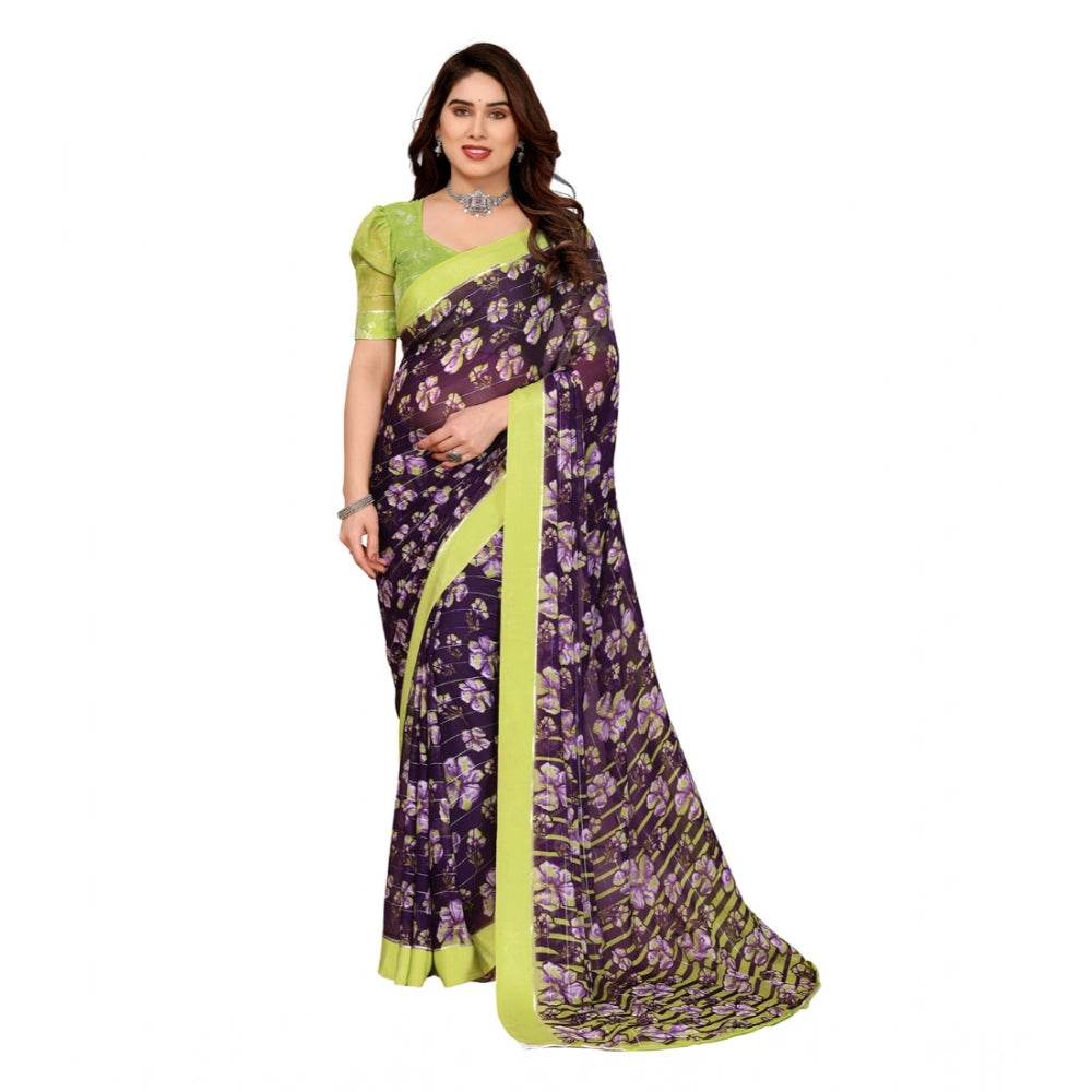 Generic Women's Georgette Printed Saree With Unstitched Blouse 5.5Mtr (Purple) - MYLUXURY LANE ENTERPRISE