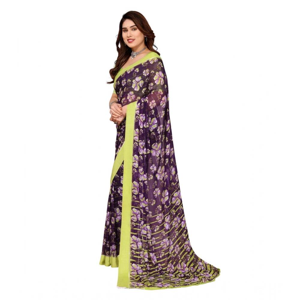 Generic Women's Georgette Printed Saree With Unstitched Blouse 5.5Mtr (Purple) - MYLUXURY LANE ENTERPRISE