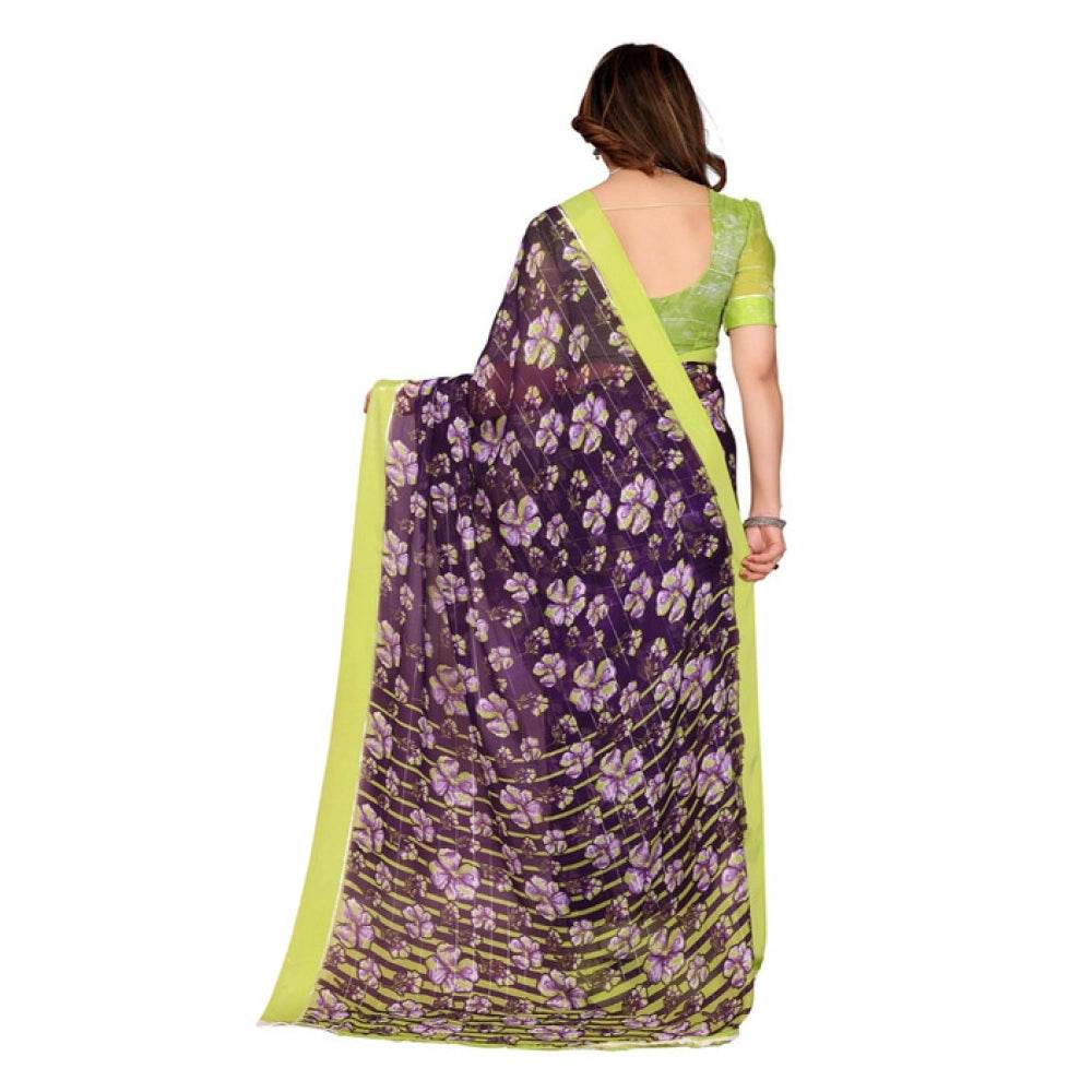 Generic Women's Georgette Printed Saree With Unstitched Blouse 5.5Mtr (Purple) - MYLUXURY LANE ENTERPRISE