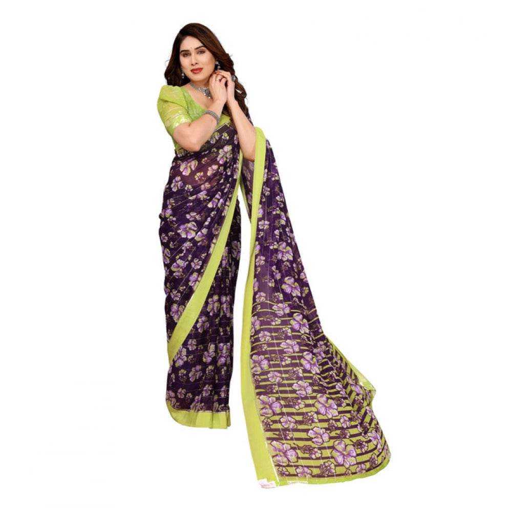 Generic Women's Georgette Printed Saree With Unstitched Blouse 5.5Mtr (Purple) - MYLUXURY LANE ENTERPRISE