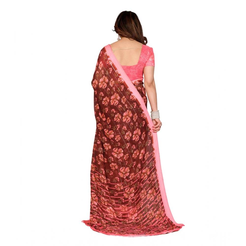Generic Women's Georgette Printed Saree With Unstitched Blouse 5.5Mtr (Maroon) - MYLUXURY LANE ENTERPRISE