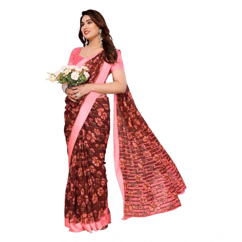 Generic Women's Georgette Printed Saree With Unstitched Blouse 5.5Mtr (Maroon) - MYLUXURY LANE ENTERPRISE
