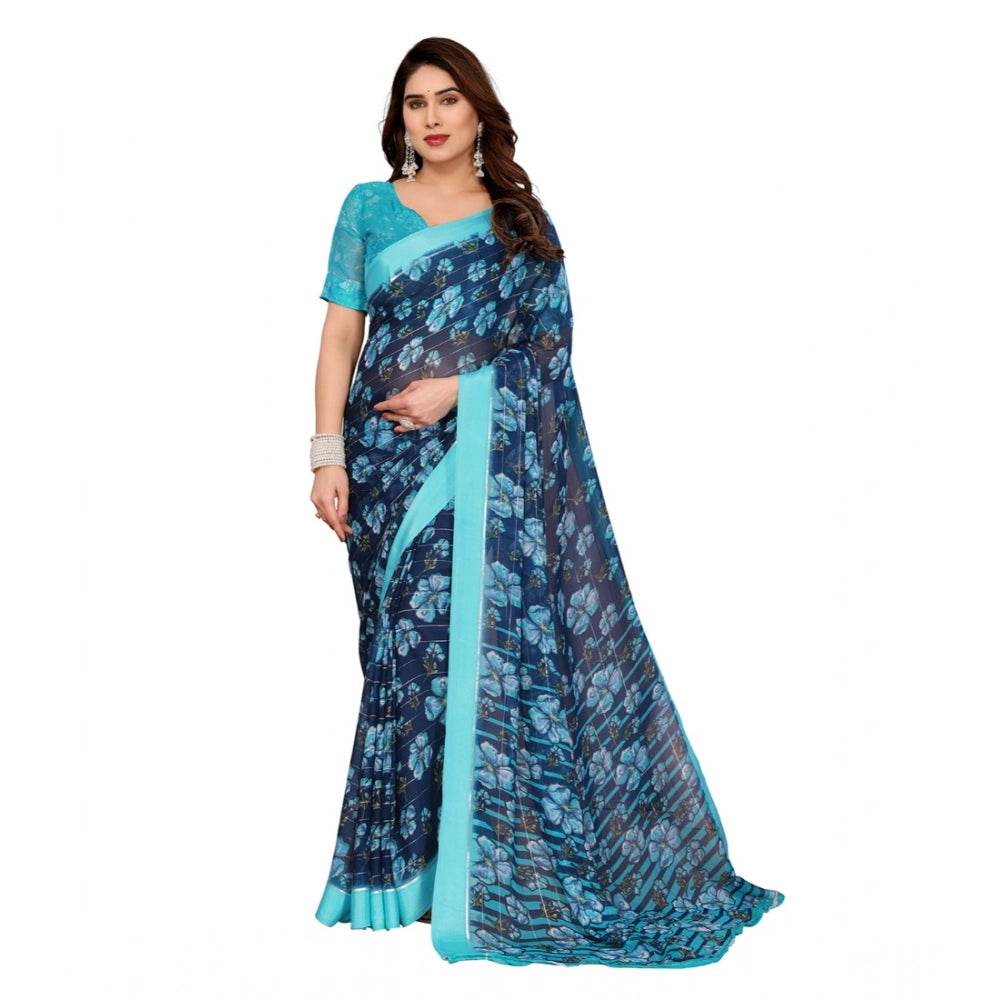 Generic Women's Georgette Printed Saree With Unstitched Blouse 5.5Mtr (Sky Blue) - MYLUXURY LANE ENTERPRISE