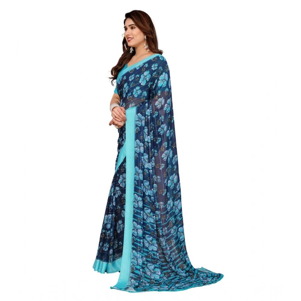Generic Women's Georgette Printed Saree With Unstitched Blouse 5.5Mtr (Sky Blue) - MYLUXURY LANE ENTERPRISE