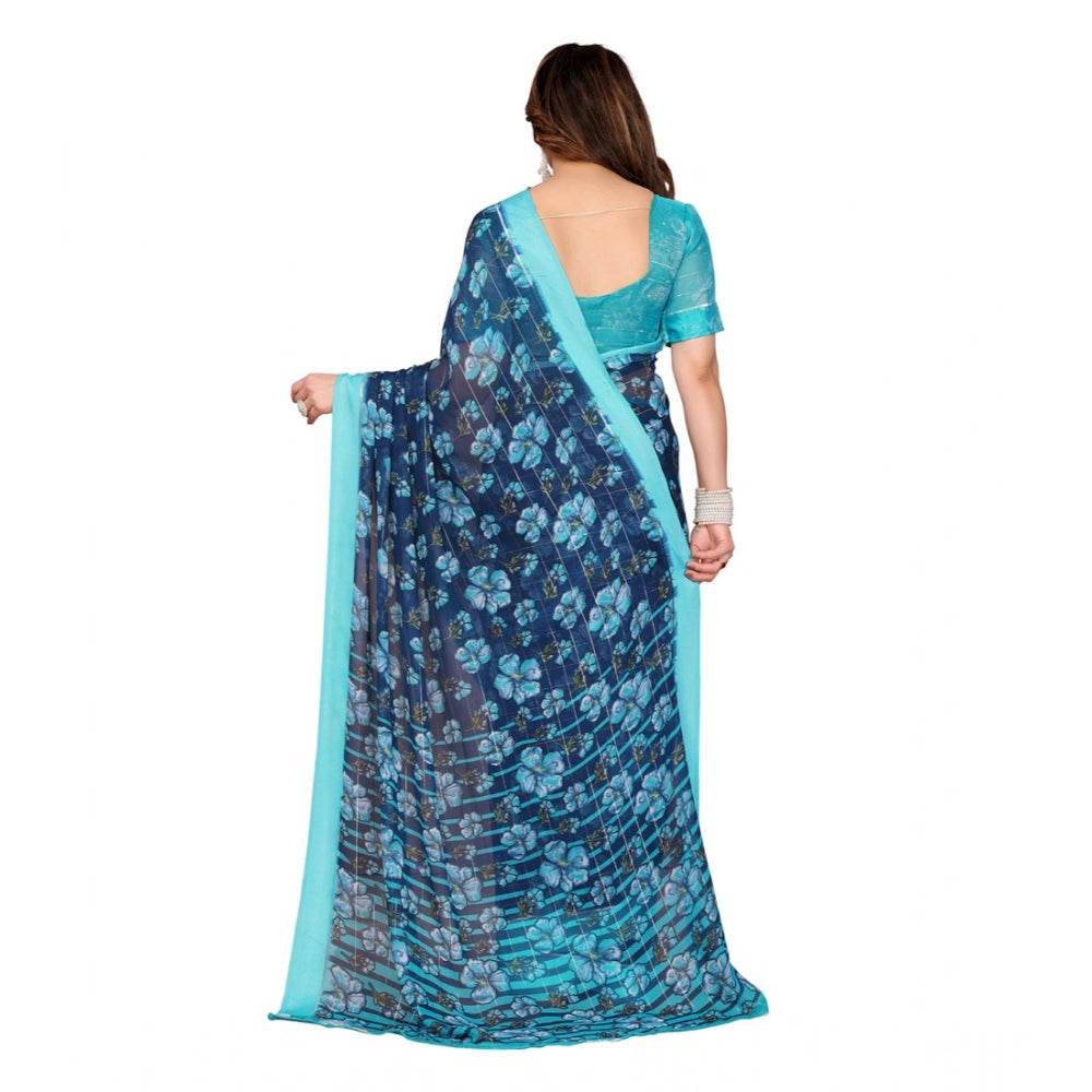Generic Women's Georgette Printed Saree With Unstitched Blouse 5.5Mtr (Sky Blue) - MYLUXURY LANE ENTERPRISE