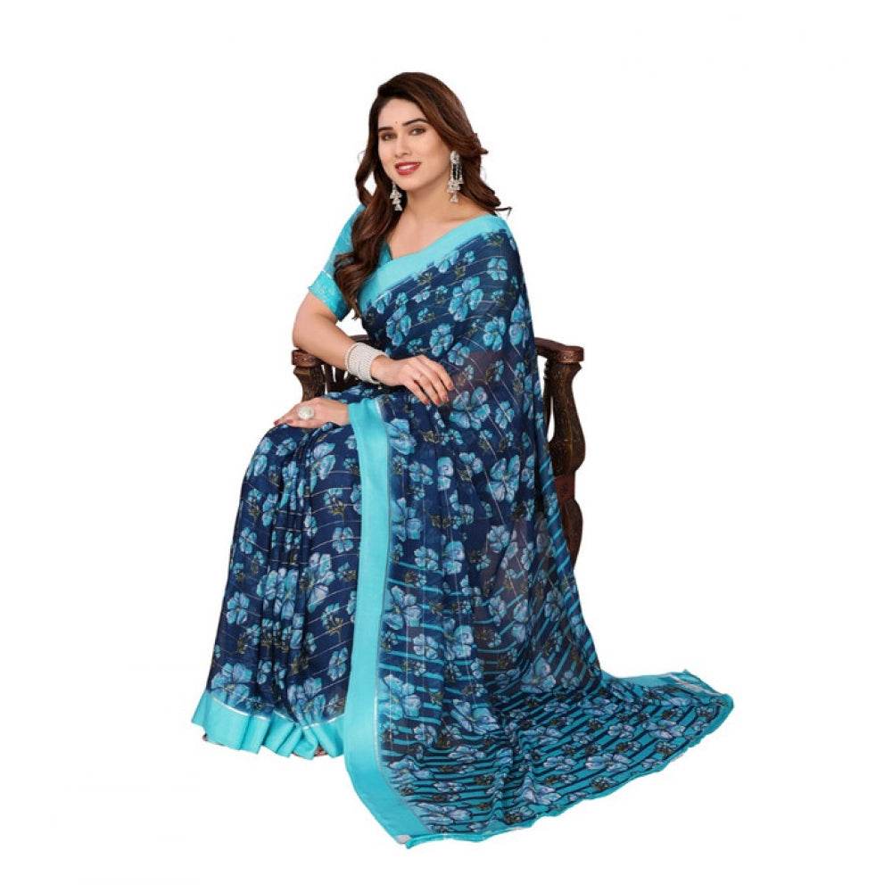 Generic Women's Georgette Printed Saree With Unstitched Blouse 5.5Mtr (Sky Blue) - MYLUXURY LANE ENTERPRISE