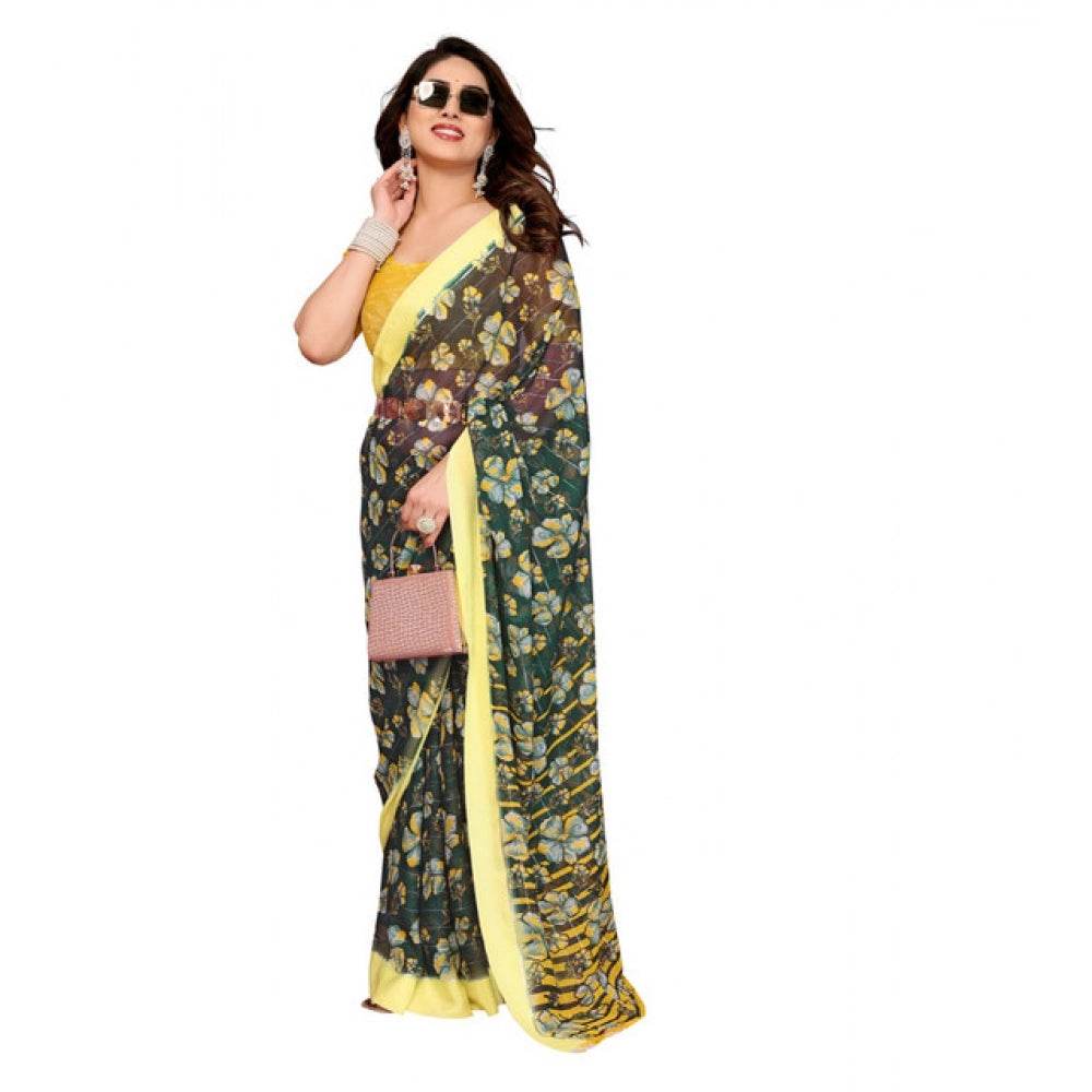 Generic Women's Georgette Printed Saree With Unstitched Blouse 5.5Mtr (Green) - MYLUXURY LANE ENTERPRISE