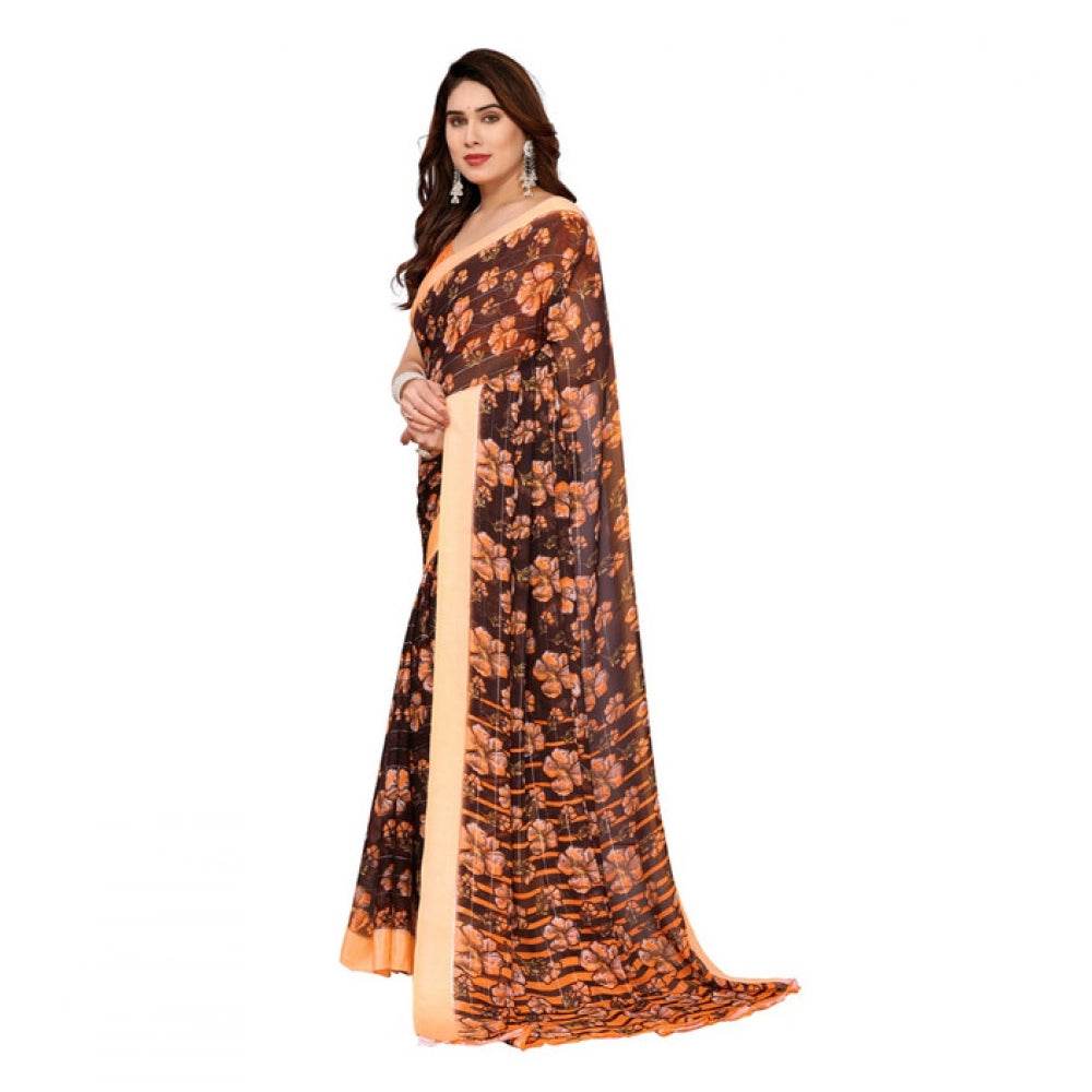 Generic Women's Georgette Printed Saree With Unstitched Blouse 5.5Mtr (Brown) - MYLUXURY LANE ENTERPRISE