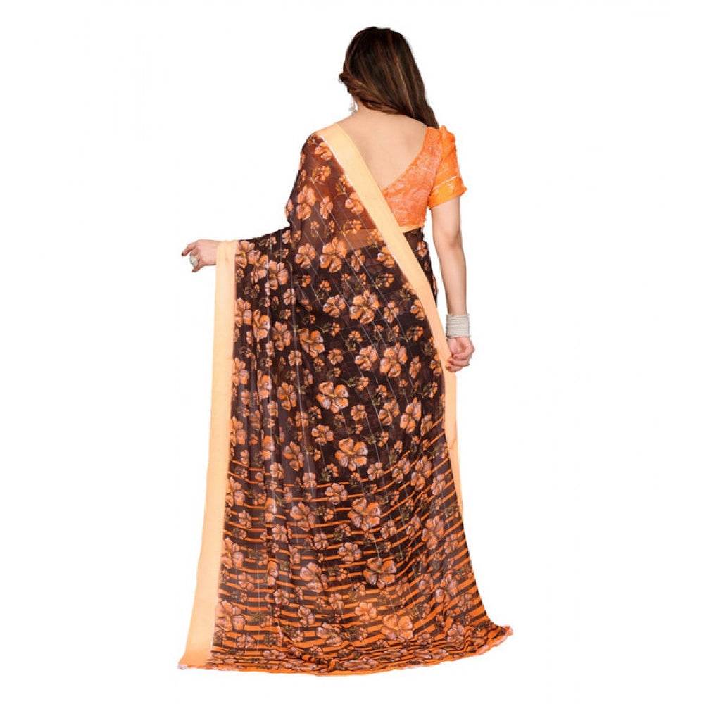 Generic Women's Georgette Printed Saree With Unstitched Blouse 5.5Mtr (Brown) - MYLUXURY LANE ENTERPRISE