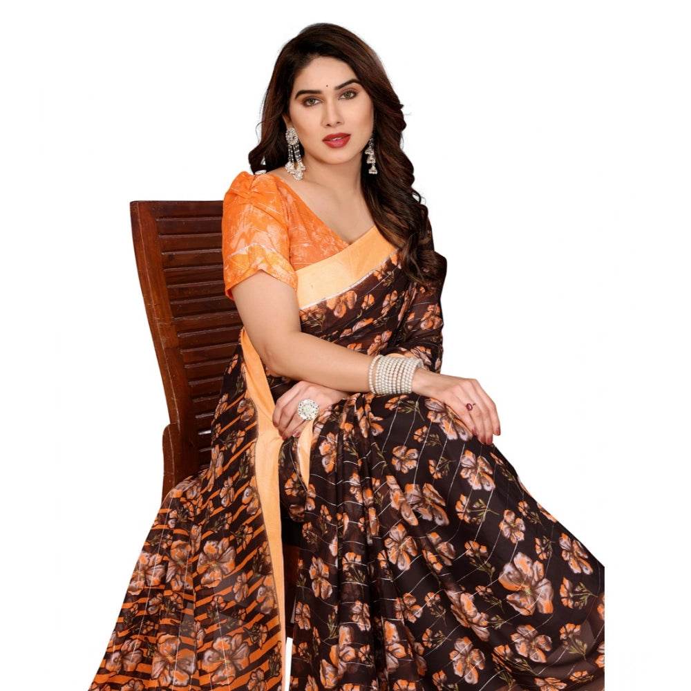 Generic Women's Georgette Printed Saree With Unstitched Blouse 5.5Mtr (Brown) - MYLUXURY LANE ENTERPRISE