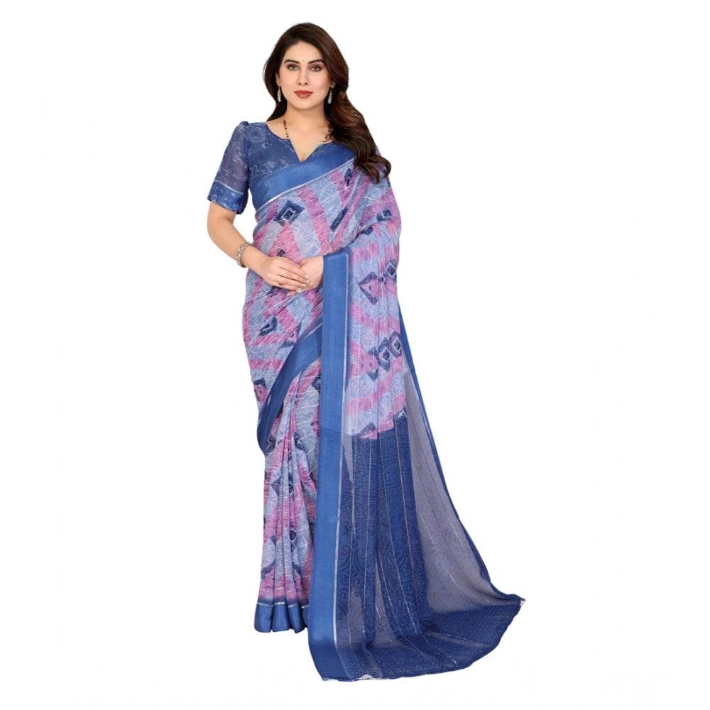 Generic Women's Georgette Printed Saree With Unstitched Blouse 5.5Mtr (Blue) - MYLUXURY LANE ENTERPRISE