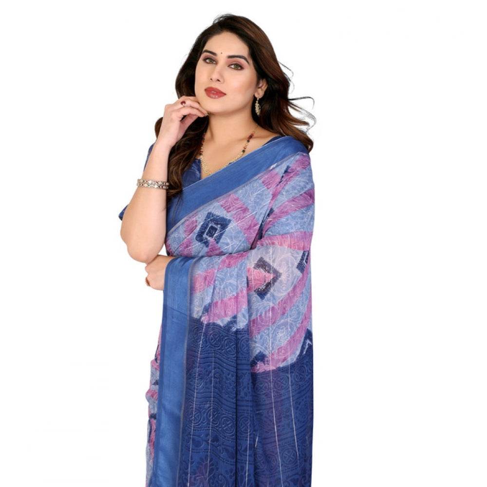 Generic Women's Georgette Printed Saree With Unstitched Blouse 5.5Mtr (Blue) - MYLUXURY LANE ENTERPRISE