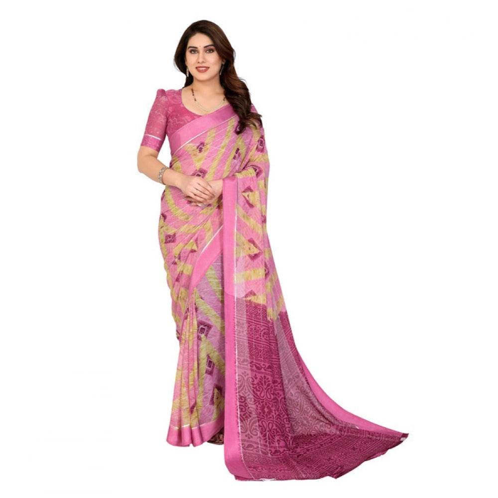 Generic Women's Georgette Printed Saree With Unstitched Blouse 5.5Mtr (Pink) - MYLUXURY LANE ENTERPRISE
