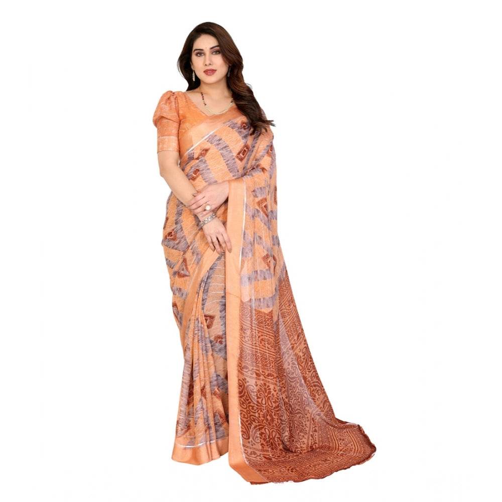 Generic Women's Georgette Printed Saree With Unstitched Blouse 5.5Mtr (Orange) - MYLUXURY LANE ENTERPRISE
