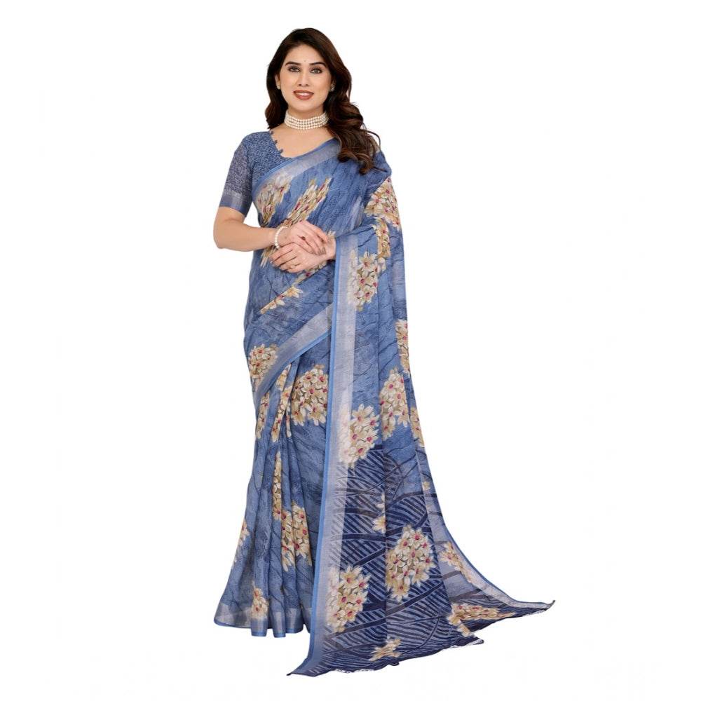 Generic Women's Georgette Printed Saree With Unstitched Blouse 5.5Mtr (Blue) - MYLUXURY LANE ENTERPRISE