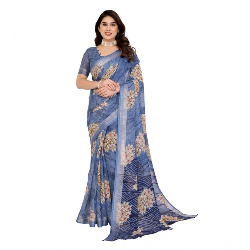 Generic Women's Georgette Printed Saree With Unstitched Blouse 5.5Mtr (Blue) - MYLUXURY LANE ENTERPRISE