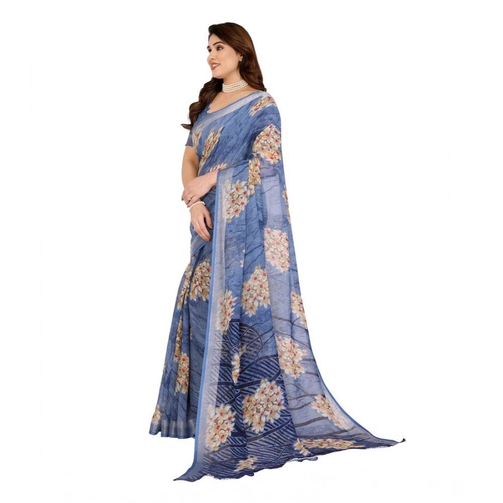 Generic Women's Georgette Printed Saree With Unstitched Blouse 5.5Mtr (Blue) - MYLUXURY LANE ENTERPRISE