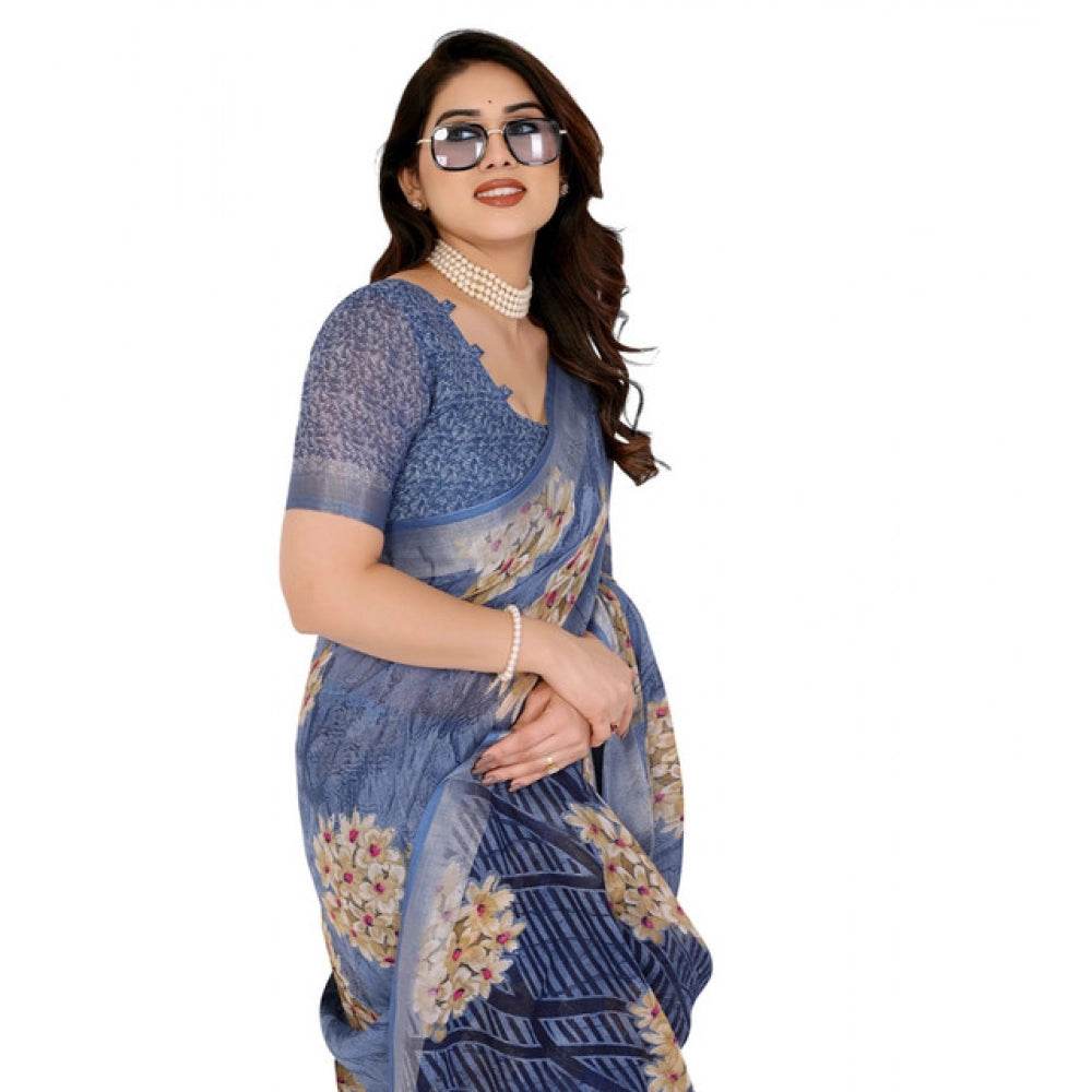 Generic Women's Georgette Printed Saree With Unstitched Blouse 5.5Mtr (Blue) - MYLUXURY LANE ENTERPRISE