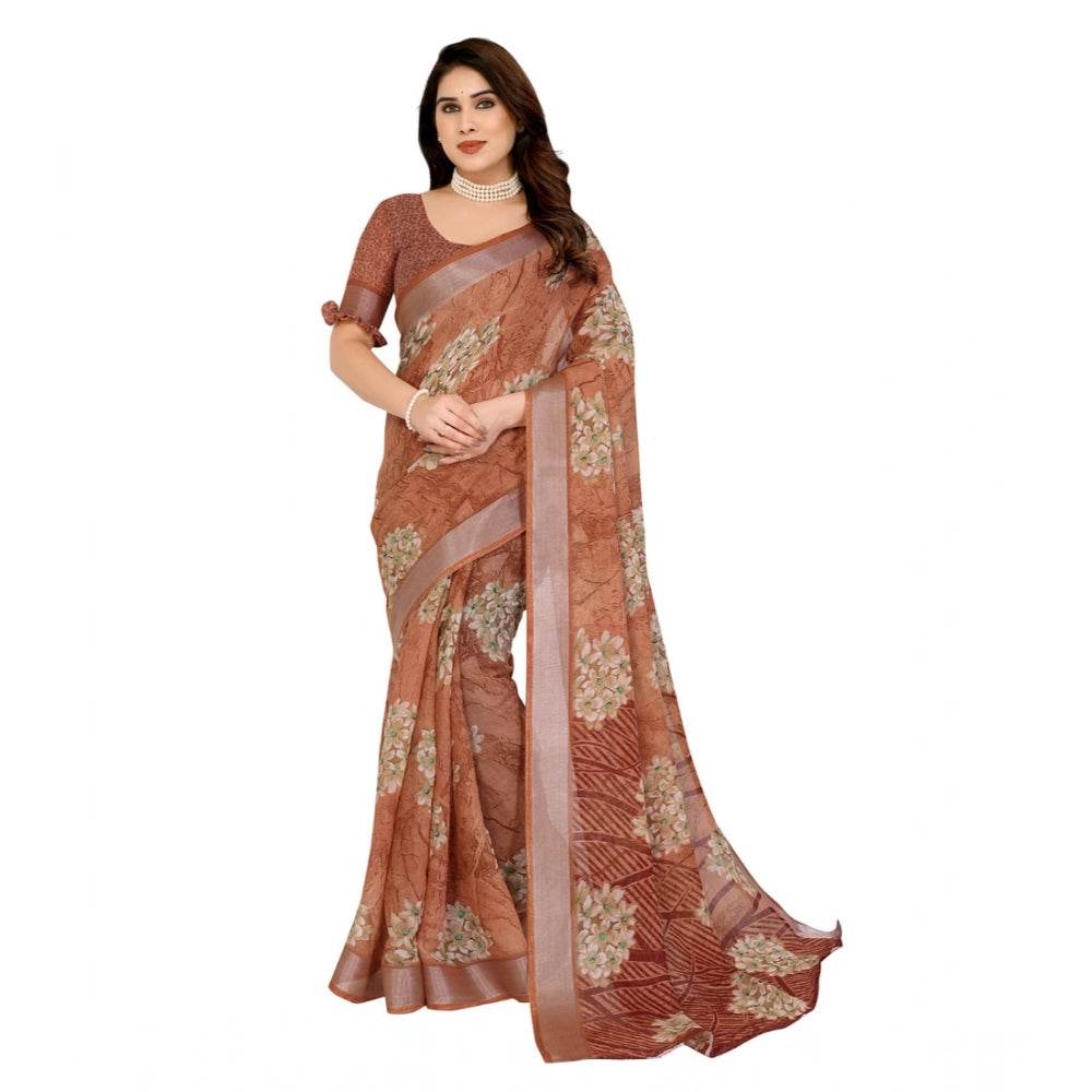 Generic Women's Georgette Printed Saree With Unstitched Blouse 5.5Mtr (Brown) - MYLUXURY LANE ENTERPRISE