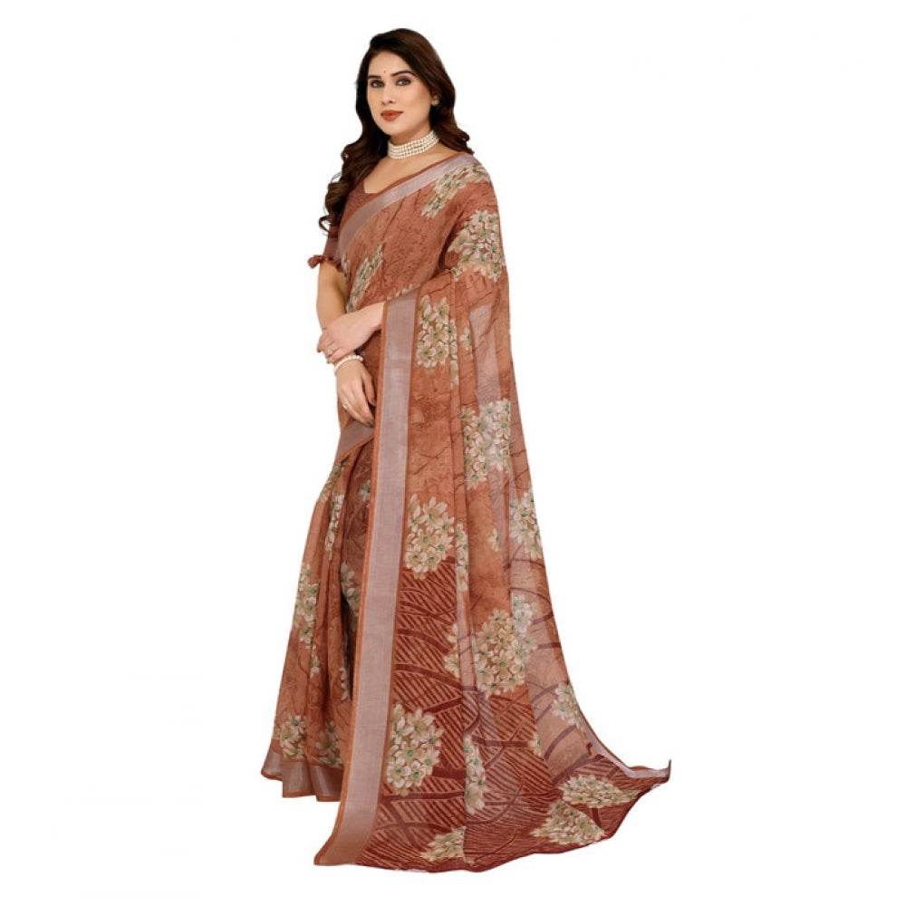 Generic Women's Georgette Printed Saree With Unstitched Blouse 5.5Mtr (Brown) - MYLUXURY LANE ENTERPRISE